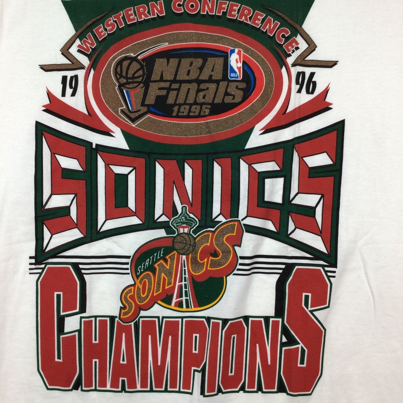 Vintage NBA (League Leader) - Seattle SuperSonics Western Conference Champs T-Shirt 1996 Large