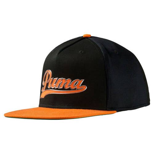NEW Puma Script Black/Vibrant Orange Flat Bill Adjustable Snapback Hat/Cap
