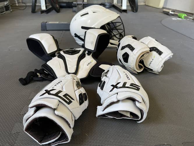 STX Cell IV Lacrosse Shoulder Pads, Chest Pads, Gloves, - Size Small and Cascade CS Helmet - Youth
