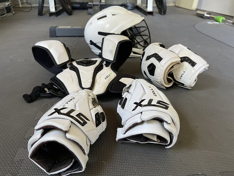 STX Cell IV Lacrosse Shoulder Pads, Chest Pads, Gloves, - Size Small and Cascade CS Helmet - Youth