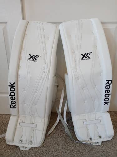 White New Senior 35" Reebok Premier XLT Goalie Leg Pads Pro Stock