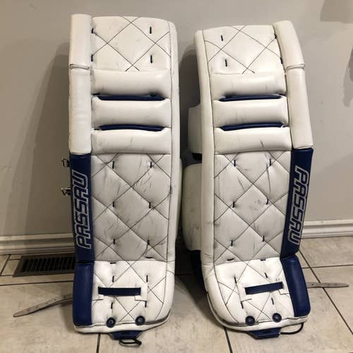 White Used Senior 33 + 2 Goalie Leg Pads Pro Stock