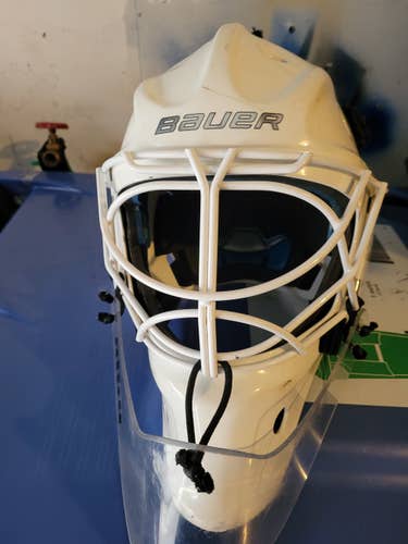 White Senior Used Bauer NME 10 Goalie Mask