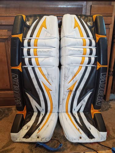 White Used Senior 34" Vaughn Velocity V4 leg pads and Prostock Vision glove and blocker
