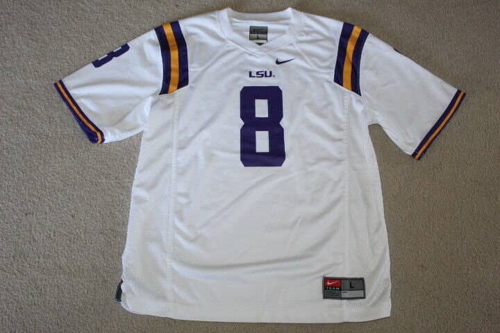 NIKE LSU TIGERS FOOTBALL #8 HOME WHITE JERSEY YOUTH LARGE 14-16+ PATRICK QUEEN RARE HTF PURPLE YLRG