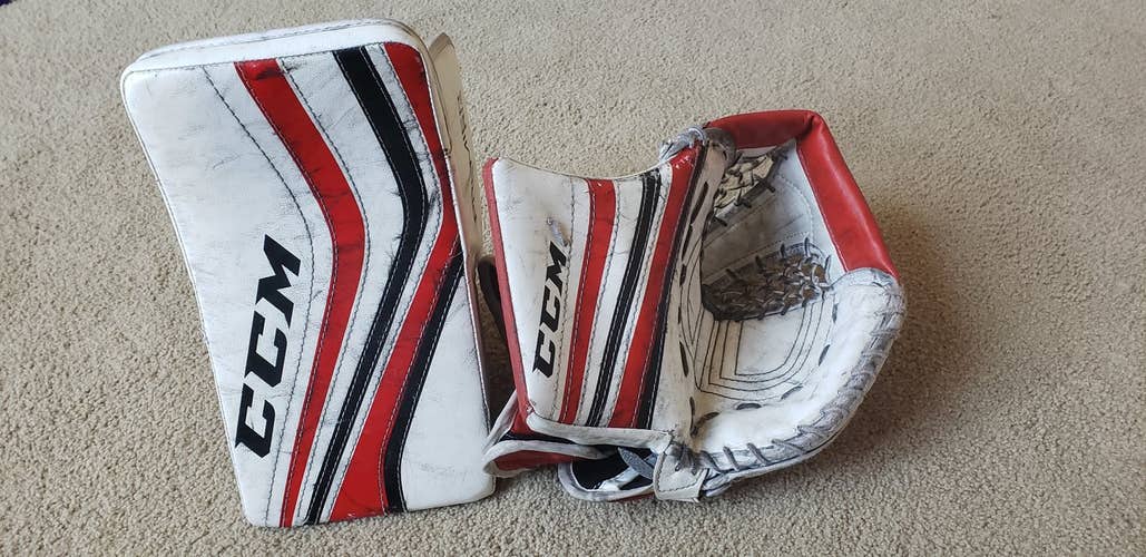 White Junior Used CCM Regular Premier R1.5 matching set Catch Glove and Blocker