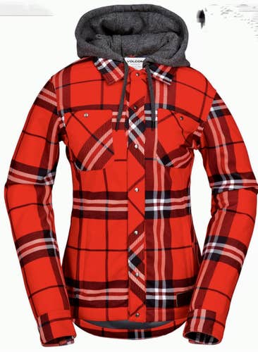 Volcom Women's Hooded Red Plaid Small Snowboard Jacket, Volcom Circle Flannel Jacket