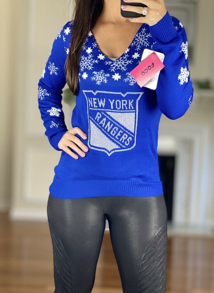 New York Rangers NHL Xmas V-Neck Pullover Holiday Sweater Blue, Women's S  NEW
