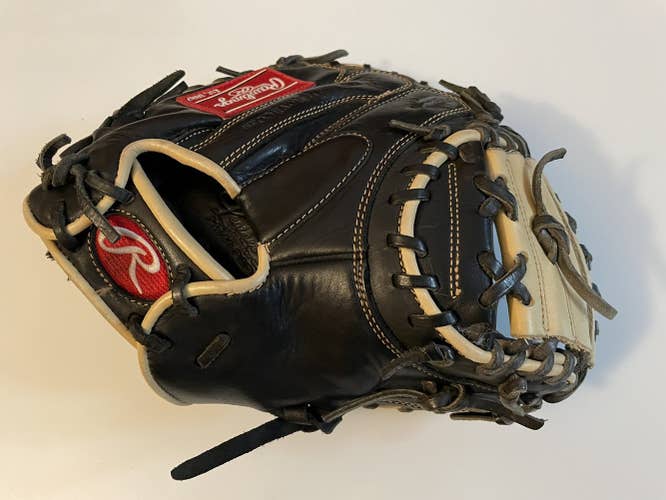 Black Used Rawlings Right Hand Throw Catcher's Gold Glove Elite Baseball Glove 32.5"