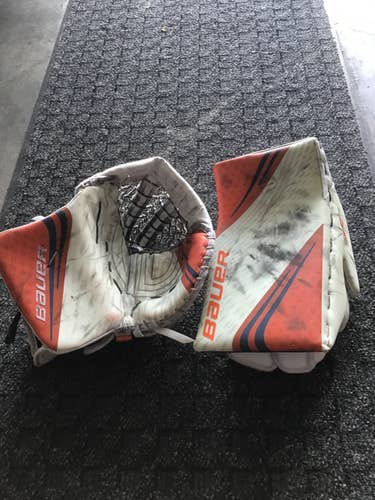 White Senior Used Bauer Regular 2X Pro Pro Stock Glove and Blocker