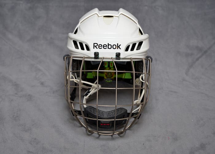 White Used Medium Pro Stock Reebok 11K Helmet with CCM FitLite Cage