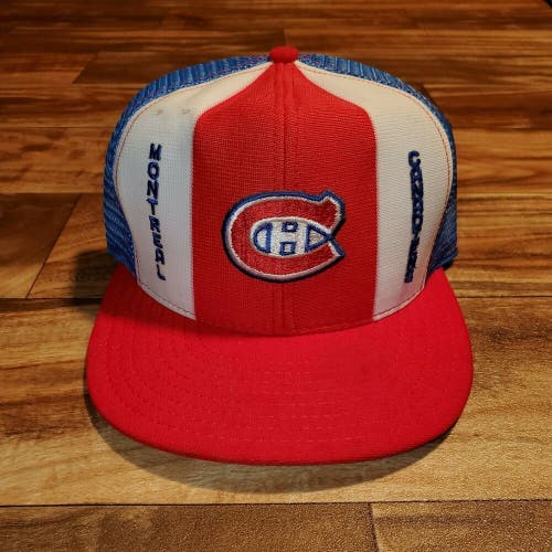 Vintage Rare Montreal Canadiens Hockey Lucky Stripe Hat Cap Mesh Large Snapback