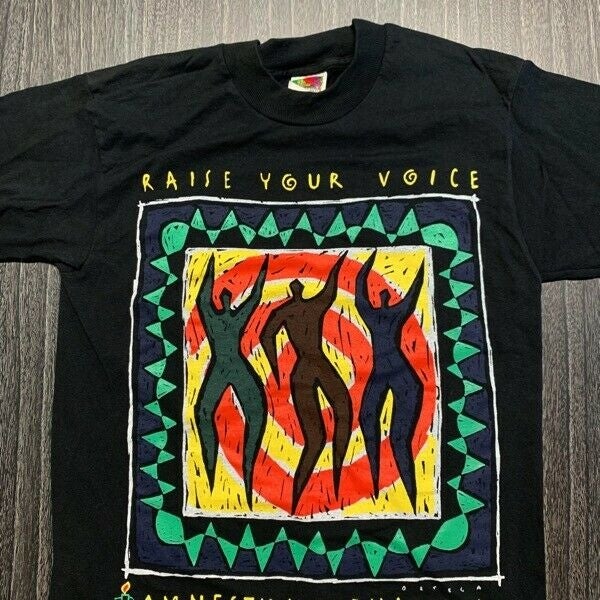 Amnesty International T Shirt Men Small Black Vintage 90s Dance Raise Your Voice