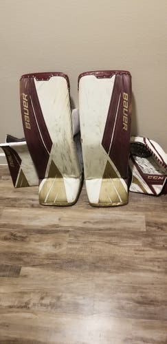 White/Maroon Used Senior 34" Medium Bauer Regular Ultrasonic Goalie Full Set Pro Stock