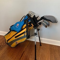 Used U.S. Kids Golf Right Hand Ultra Light 42" 4-Club Stand Bag Set WT-25 Clubs, Yellow/Blue Bag