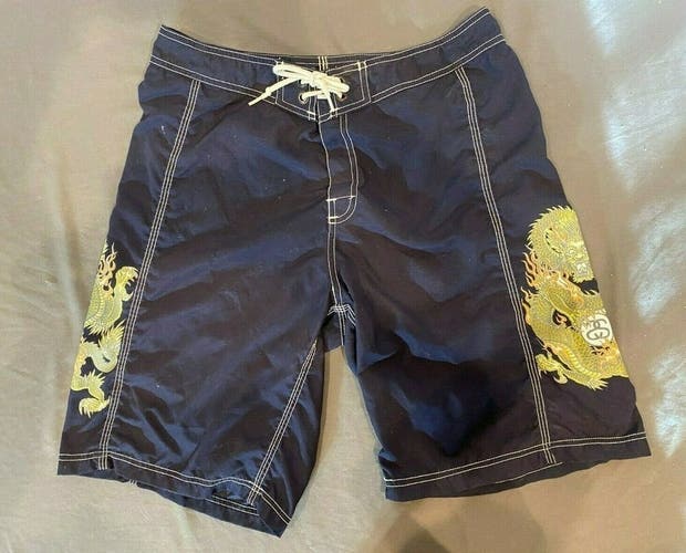 Vintage 1990s Stussy Black Dragon Patterned Board Shorts Size 34 Fast Shipping