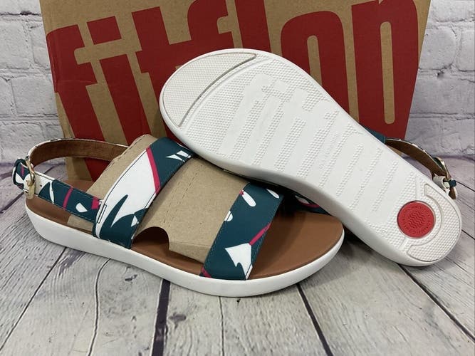 FitFlop Barra Palm Print Urban White Mix Back-Strap Size 8 New With Box