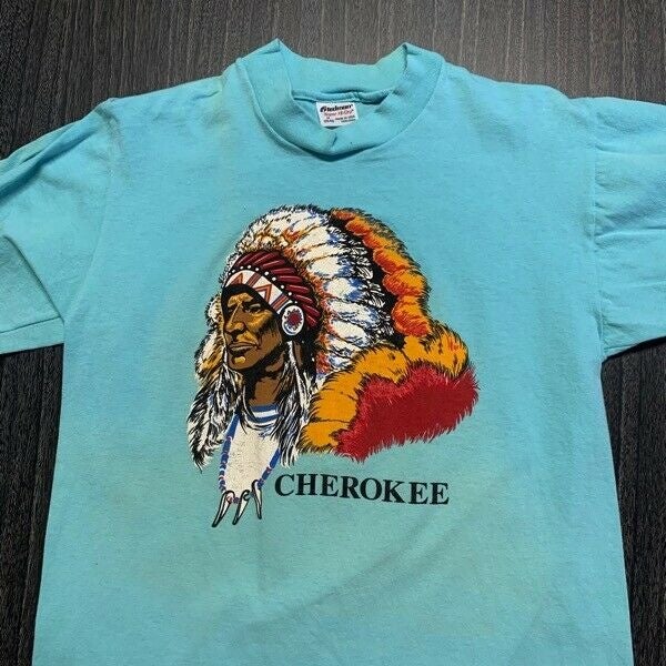 Cherokee Native American T Shirt Men Medium Adult Blue Vintage 80s USA Chief