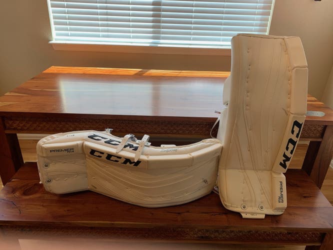 White Used Senior 31+1" CCM Premier R1.9 Goalie Leg Pads