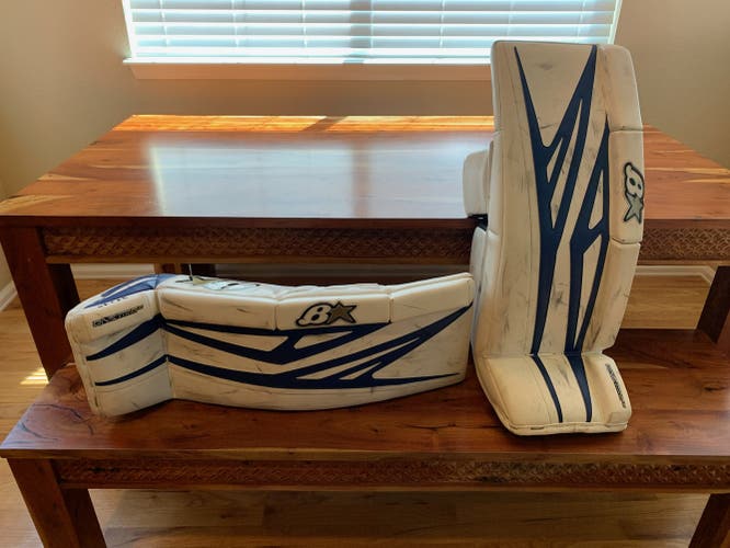 White/Blue Used 31+1" Brian's GNETiK 8.0 Goalie Leg Pads/Glove/Blocker