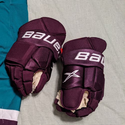 Anaheim Mighty Ducks Purple Used Senior Bauer Gloves 14" Pro Stock