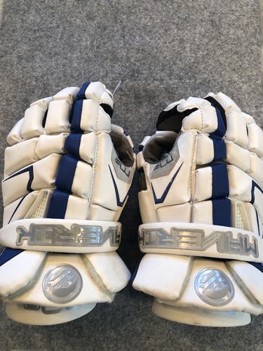 White/blue Used Player's Maverik M4 Lacrosse Gloves 13"