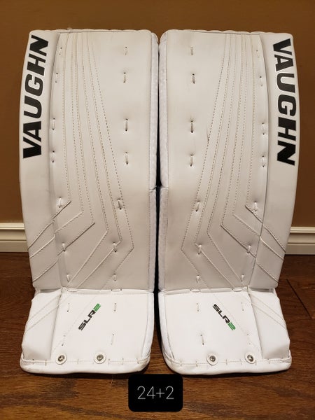 White Used Junior 24+2" Vaughn Ventus SLR2 Goalie Leg Pads