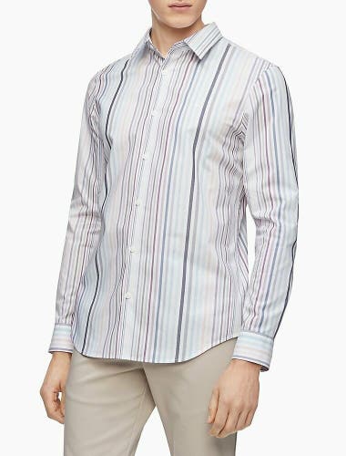 Calvin Klein Men Stretch Cotton Multi Neutral Stripe Button-Down Shirt M L XL