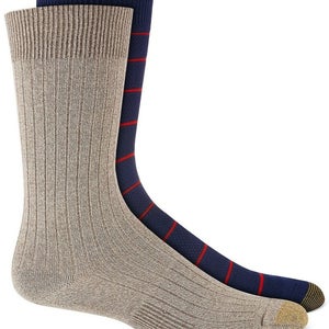 Gold Toe Mens 2-Pack Textured Stripes Crew Socks Oatmeal Navy 10-13