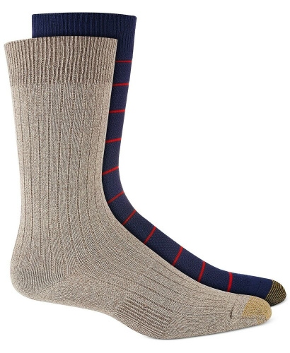 Gold Toe Mens 2-Pack Textured Stripes Crew Socks Oatmeal Navy 10-13