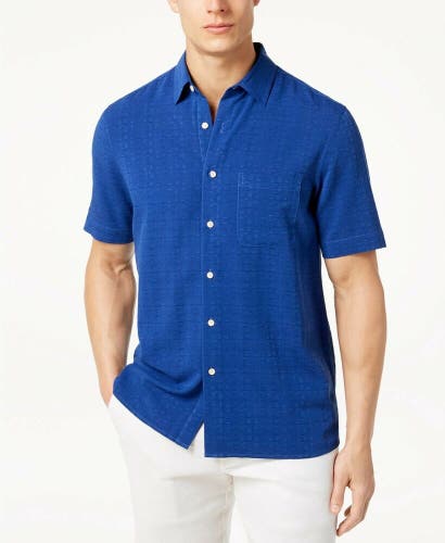 Tasso Elba Textured Silk Blend Short Sleeve Shirt Men's Small Cerulean Blue