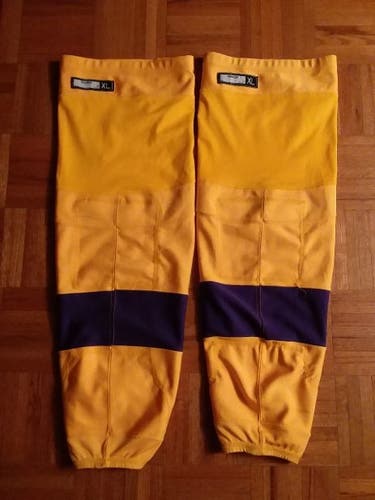 Los Angeles Kings worn gold socks w/purple stripes vintage/throwback games (Reebok XL Kevlar linings