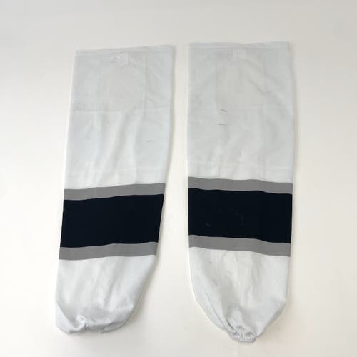 Used Once | White, Black, and Grey Ontario Reign Hockey Socks with Velcro | AHL Pro Stock