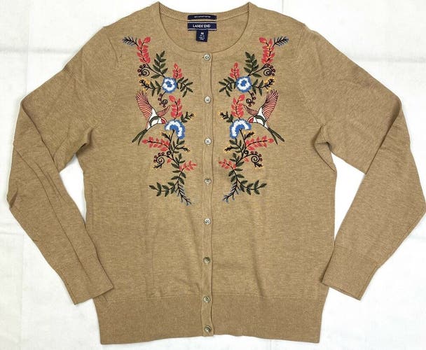 Lands' End LS Crew Neck Floral Embroidered Cardigan Sweater Women's Medium Tan