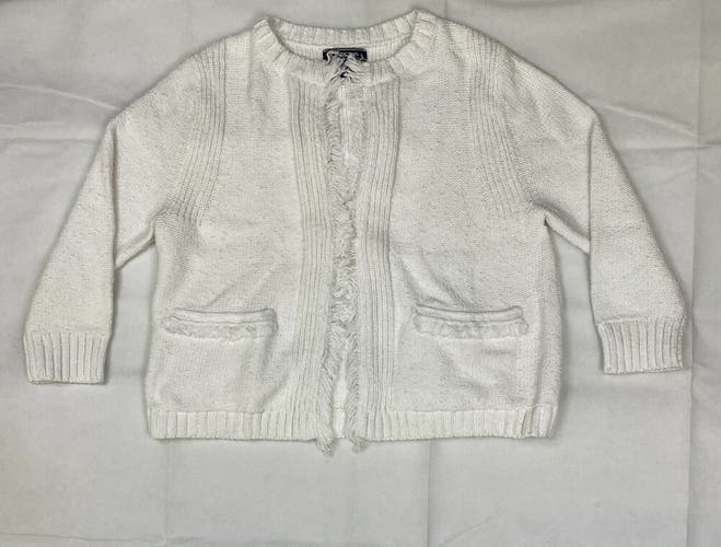 Lands End 3/4 Sleeve Cotton Blend Fringe Sweater Jacket Women's M White