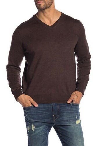 Thomas Dean V-Neck Knit Sweater Men's XL Taupe Brown Pullover Long Sleeve Top