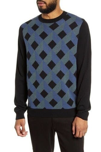 CALIBRATE Geo Print Crewneck Sweater Men's XL Blue Slate Black Argyle Diamond