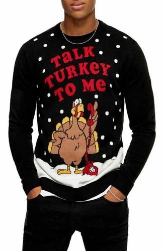 Topman Christmas Talk Turkey To Me Crewneck Sweater Holiday Sweater Men XL Black