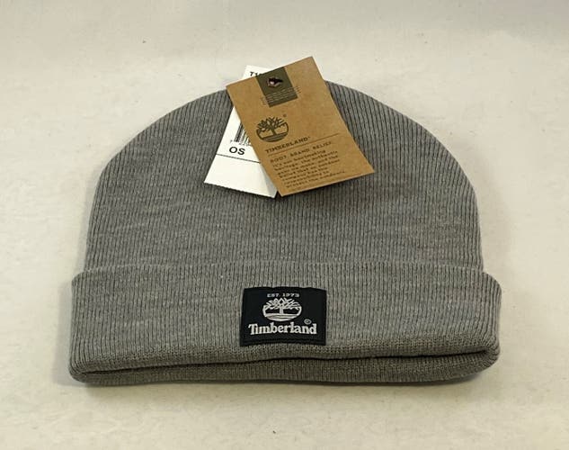 Timberland BBB Cuffed One Size Grey/Black Logo Patch Watch Cap Winter Beanie New
