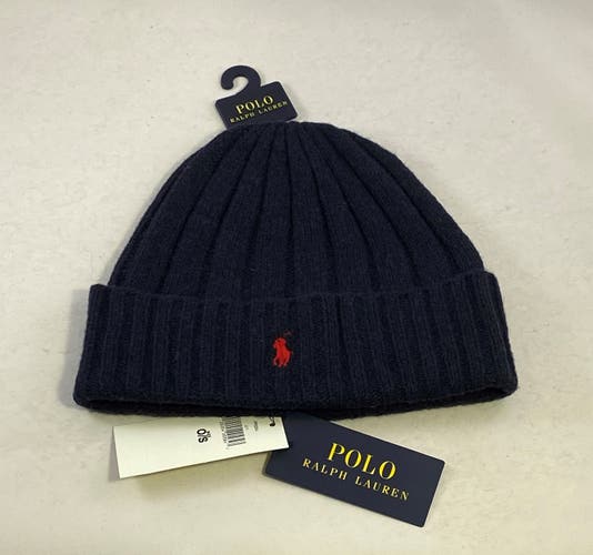 Polo Ralph Lauren Cuffed Ribbed O/S Navy Wool/Nylon Embroidered Logo Beanie New