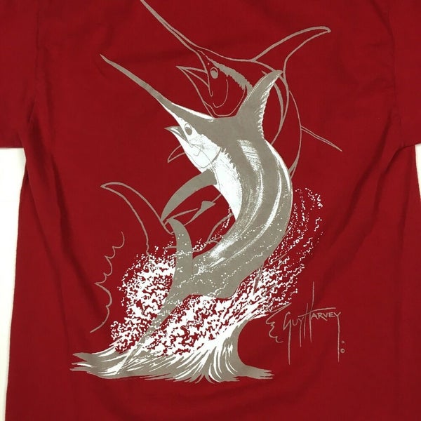 Vintage Guy Harvey Marlin Sword Fish Big Graphic Red T-Shirt Fishing  (Medium)