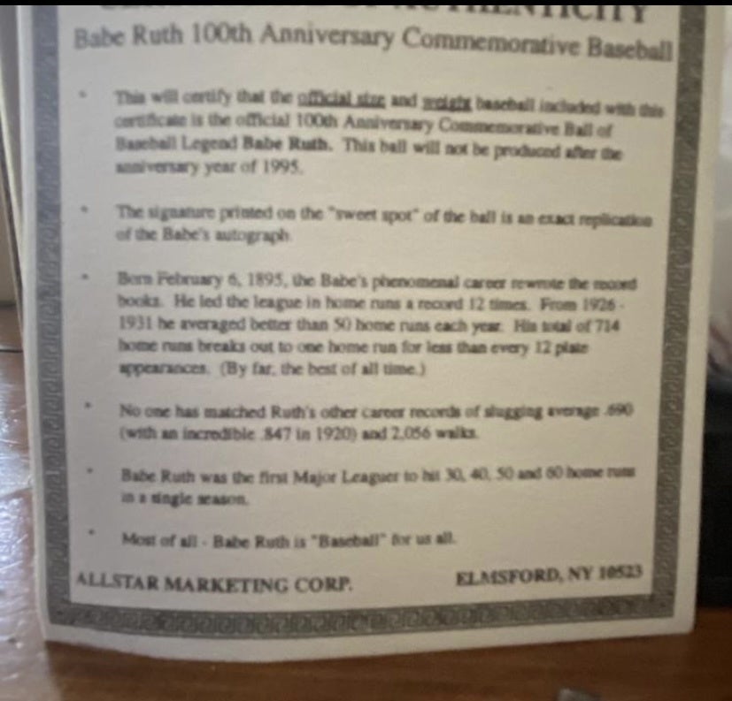 BABE RUTH 100TH Anniversary Commemorative SIGNATURE BASEBALL ORIGINAL BOX