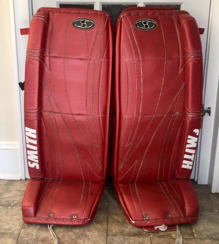 Red Used Senior 34" Smith Goalie Leg Pads Pro Stock