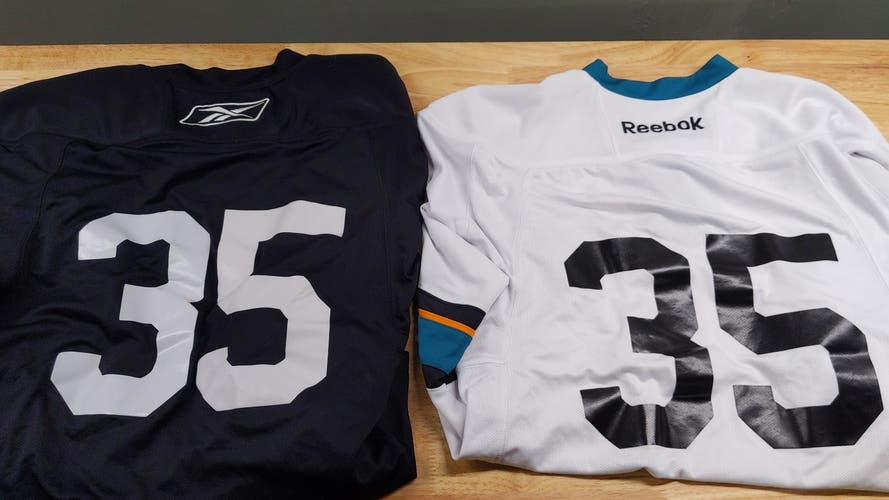 Barely used matching set of Reebok San Jose stock jerseys, sr. sz. L/G, #35.