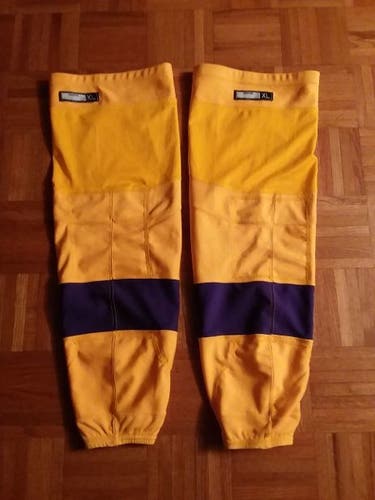 Los Angeles Kings worn gold socks w/purple stripes vintage/throwback games (Reebok XL Kevlar linings