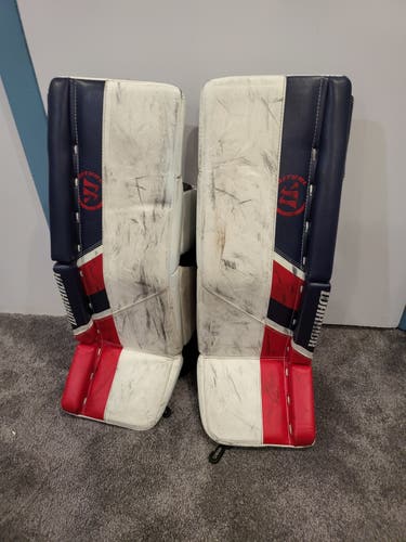 Red White and blue Goalie Leg Pads Used Junior 26" Warrior Ritual G5