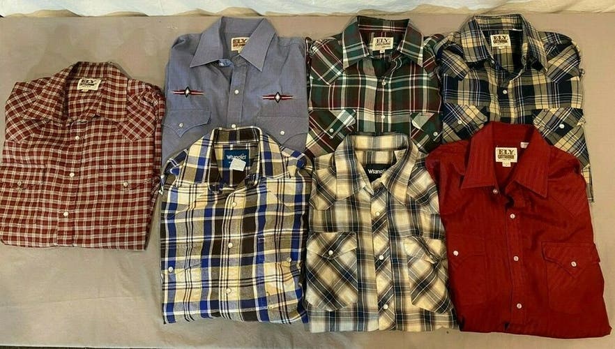 (7) Ely Cattleman & Wrangler Snap Front Western Shirts Men's Size Medium GREAT