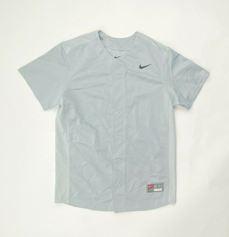 Nike Vapor F Logo Full Button Baseball Jersey Boy's Large Gray Black  818544