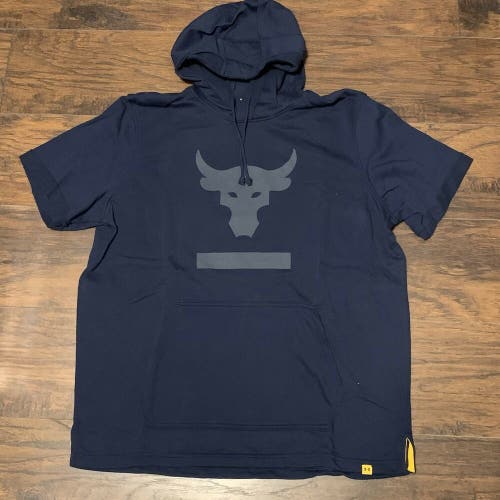 Under Armour Project Rock Terry Navy Short Sleeve Training Hoodie Sz XL