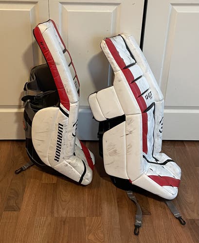 White/Red/Black Goalie Leg Pads Used Intermediate 32" Warrior Ritual GT